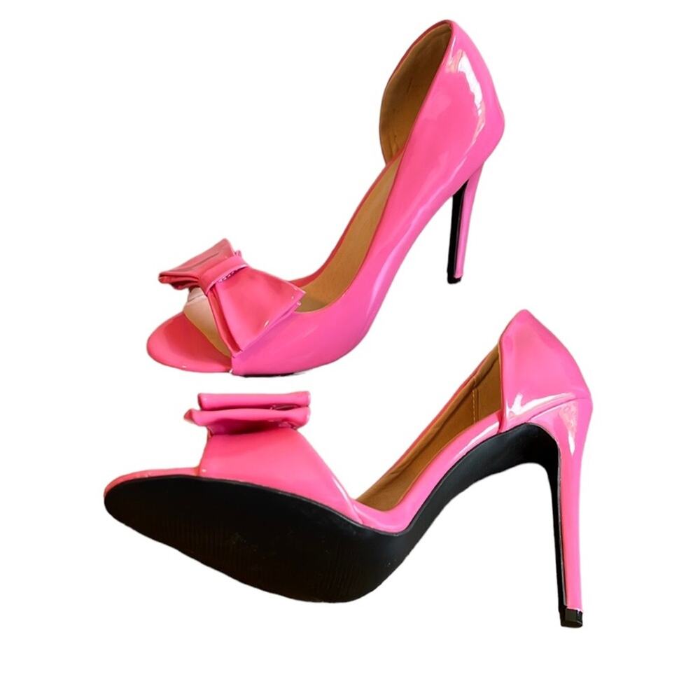 Bubblegum Pink Patent Large Bow Open Toe Heels